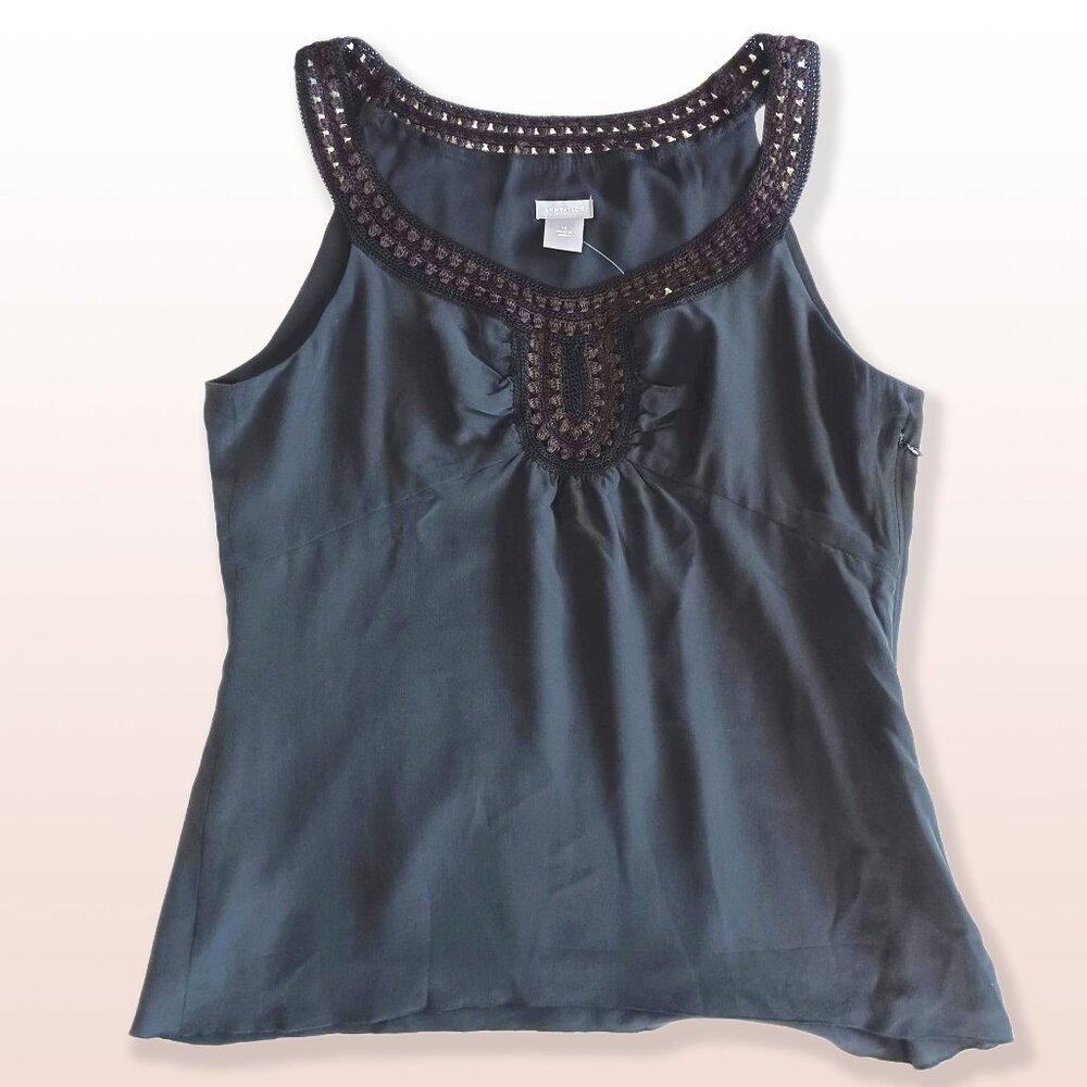 Ann Taylor Black Silk Sleeveless Top with Black & Brown Crochet Neckline Size 10